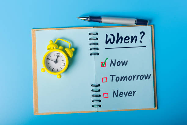 Fighting procrastination concept - check-box with call to act Now, not tomorrow or never, Do it now Fighting procrastination concept - check-box with call to act Now, not tomorrow or never, Do it now. wasting time photos stock pictures, royalty-free photos & images