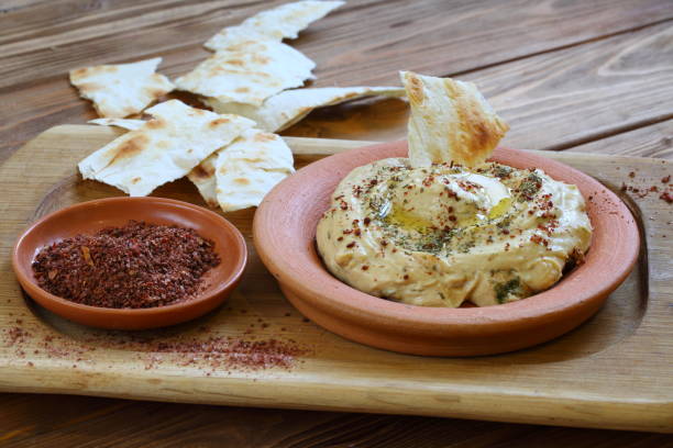 istock Hummus and pita on a wooden table 1199905224