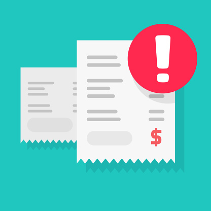 Fraud payment rejected or pay declined caution notification vector illustration flat cartoon, bill or invoice receipt with exclamation alert or transaction verification isolated, bad money transfer