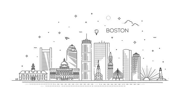 보스턴 건축 라인 스카이 라인 그림입니다. 유명한 랜드 마크와 선형 벡터 도시 풍경 - boston urban scene skyline sunset stock illustrations