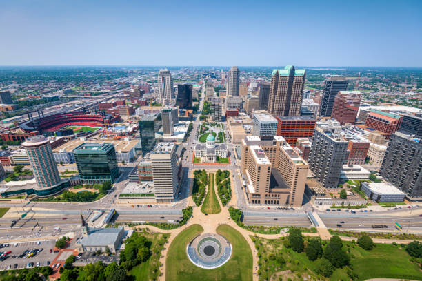 St. Louis, Missouri, USA Downtown Skyline St. Louis, Missouri, USA downtown skyline from above. missouri stock pictures, royalty-free photos & images