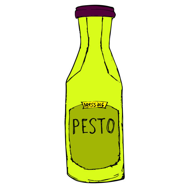 페스토 항아리. 손으로 그린 스케치 일러스트. 흰색에 격리. - jar pesto sauce packaging food stock illustrations