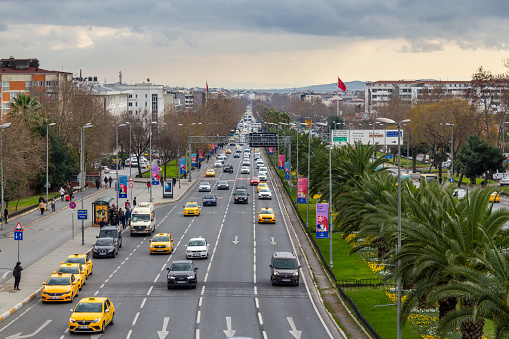 Fatih, Istanbul / Turkey - January 13 2020: Istanbul Adnan Menderes Boulevard ( Vatan Street ) in daily life traffic and landscape