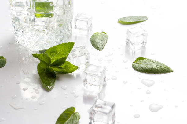 istock Glass with refreshing water, mint leaves, water droplets and ice 1199917668