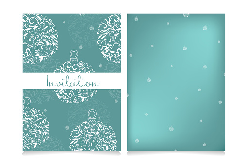 Beautiful hand drawn invitation card set with copy space for your text. Decorative openwork vector christmas toys for design on a Tiffany blue background.