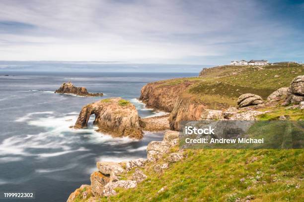 Enys Dodnan And The Armed Knight Rock Formations Stock Photo - Download Image Now - Cornwall - England, Footpath, Lands End - Cornwall