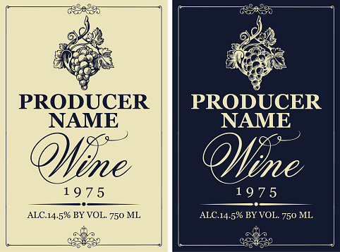 Set of two vector wine labels with hand-drawn bunch of grapes and calligraphic inscription in retro style.