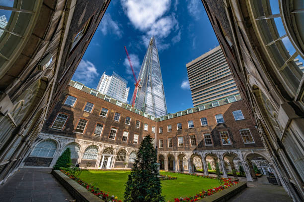 King's College University in London with The Shard This is a view of the King's College University architecture with The Shard skyscraper building on August 22, 2019 in London university of london photos stock pictures, royalty-free photos & images