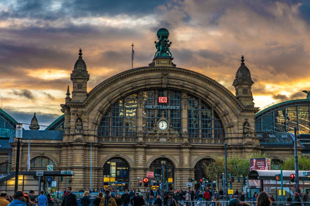 This is the exterior of Frankfurt Hauptbahnhof main station during sunset on September 25, 2019 in Frankfurt
