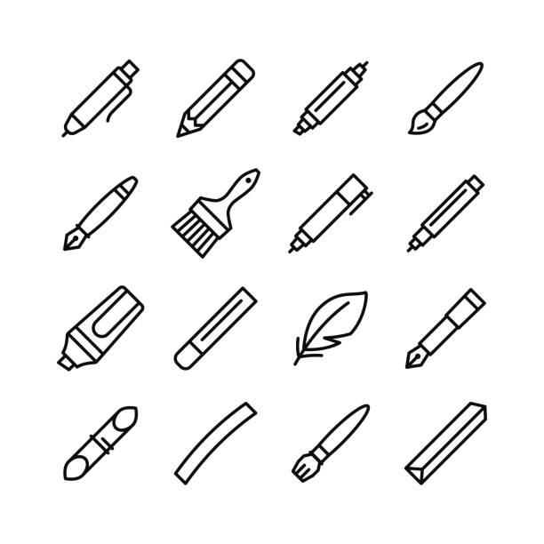 ilustrações, clipart, desenhos animados e ícones de ferramentas para desenhar, caligrafia, letras, esboçar conjunto de ícones de linha plana. - bamboo fountain illustrations