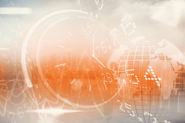 Double exposure of coin stack and alarm clock with city background and financial graph, business concept idea.