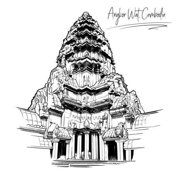 ilustrações de stock, clip art, desenhos animados e ícones de centerpiece of the angkor wat temple. black and white sketch isolated on white background. - angkor wat