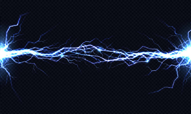 Electrical energy discharge 3d vector light effect Powerful electrical discharge hitting from side to side realistic vector illustration isolated on black transparent background. Blazing lightning strike in darkness. Electric energy flash light effect magnetic field stock illustrations