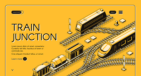 Railway transport company isometric vector web banner or landing page template with freight diesel and electric passenger locomotives, cargo wagons and tank car on train junction line art illustration