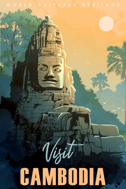 ilustrações de stock, clip art, desenhos animados e ícones de buddha temple in angkor wat, cambodia. vintage travel poster. - angkor wat