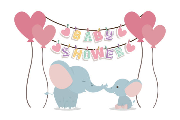 stockillustraties, clipart, cartoons en iconen met baby shower uitnodiging met olifanten cartoons vector design - babyshower