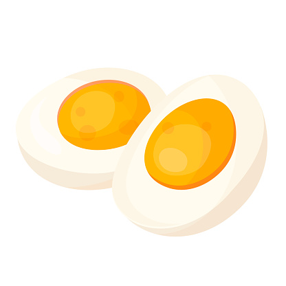 Hard boiled egg halves flat vector illustrations. Cartoon farm food with yolk, cut nutrient snack isolated on white background. Cooking ingredient. Protein diet, delicious breakfast design element