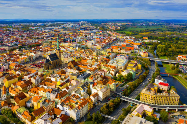 Aerial landscape of czech town of Pilsen with old historical houses in fall day Aerial landscape of czech town of Pilsen with old historical houses in fall day pilsen stock pictures, royalty-free photos & images