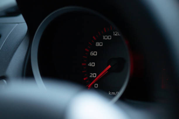 istock Car speedometer close-up. The arrow indicates low speed. 1199942339