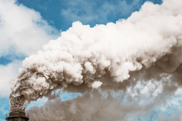 thick smoke coming from an industrial chimney - environmental damage power station factory smoke stack imagens e fotografias de stock