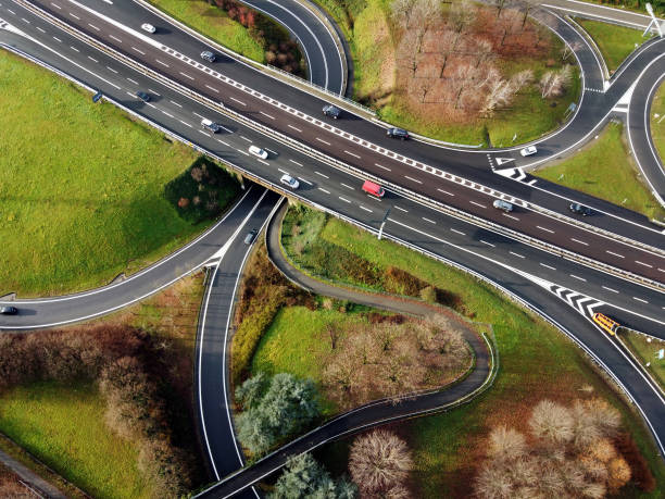 Aerial view of curvy road junctions and highway