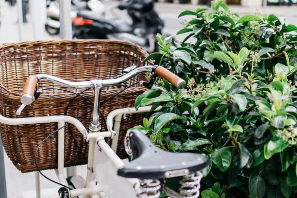 bike with basket on street. Creative bright minimal, styled concept for bloggers.