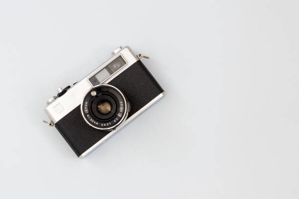 istock Retro style camera on color background. Top view, flat lay. 1199951139