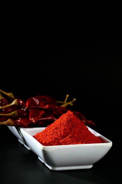 istock chilly powder with red chilly in white plate, dried chillies on black background 1199951206