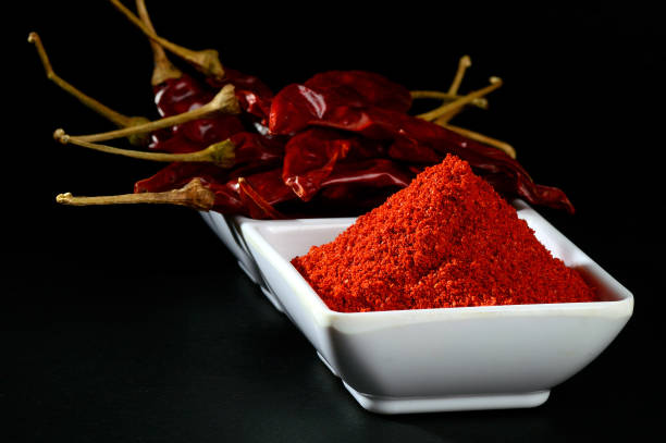 istock chilly powder with red chilly in white plate, dried chillies on black background 1199951245