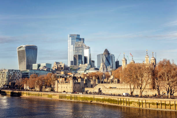 런던 타워의 스카이라인과 런던 시 기업 사무실 건물 - crane skyline uk tower of london 뉴스 사진 이미지