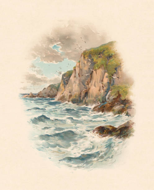 ilustrações, clipart, desenhos animados e ícones de paisagem litoral íngreme, cromolitografia, publicada em 1899 - illustration and painting beach engraved image engraving