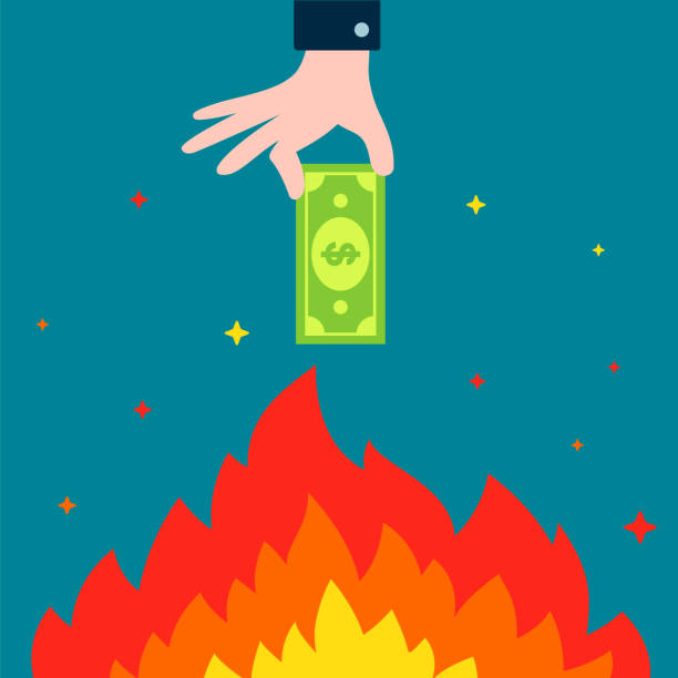 Hand holds dollar bill over bonfire. burning money Hand holds dollar bill over bonfire. burning money. flat vector illustration business risk stock illustrations