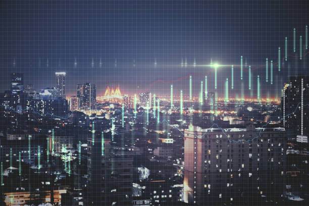 istock Growth concept with business chart at night megapolis city background. 1199954328