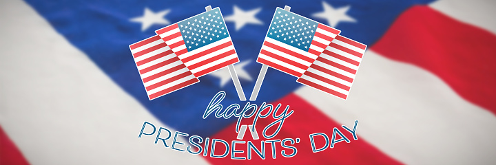 happy presidents day vector typography and two american flags against close-up of national flag