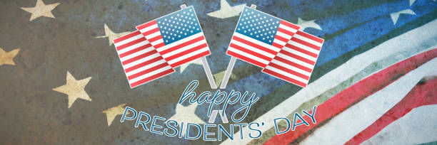 istock Composite image of happy presidents day vector typography and two american flags 1199956529