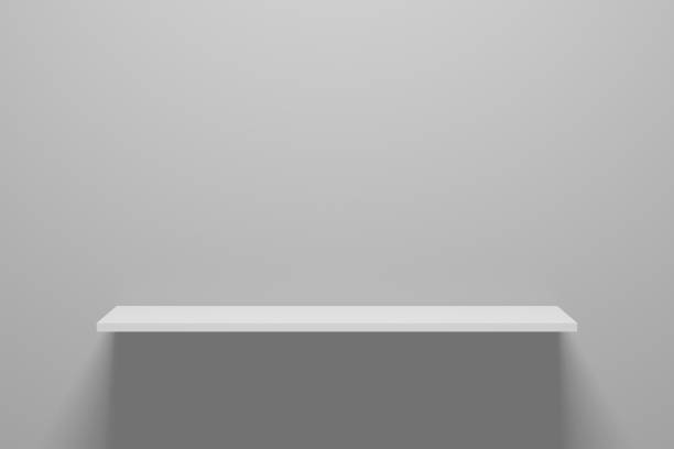 istock Realistic 3D rendering. Front view of empty shelf on gray wall background with modern minimal concept. Display of room shelves for showing. 1199959567