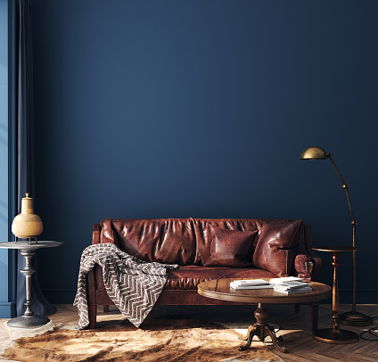 Dark blue home interior with old retro furniture, hipster style, 3d render