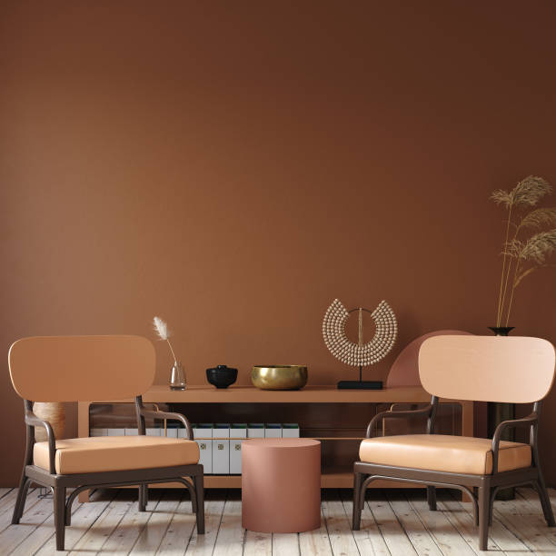interni scuri moderni con commode, sedia e arredamento in colori terracotta - terracotta foto e immagini stock