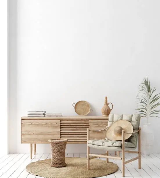 Wall mock up in white simple interior with wooden furniture, Scandi-Boho style, 3d render