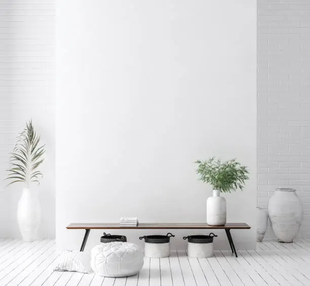 Wall mock up in white simple interior with wooden furniture, Scandi-Boho style, 3d render