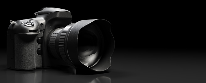 Professional digital camera with pro lens on black. 3D illustration