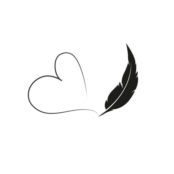 복고풍 깃털 펜으로 쓰여진 하트 캘리그래픽 핸드 그린 사인. 발렌타인 데이 아이콘 휴일 배경입니다. 인사말 카드 디자인 - heart shape animal heart love symbol stock illustrations