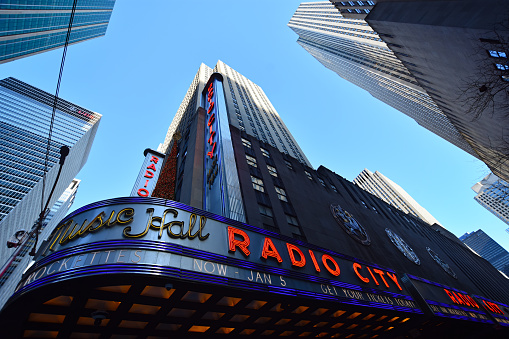 Manhattan, New York, NY, USA - November 30, 2019. Radio City Music Hall building at Rockefeller Center, Midtown Manhattan, NY, USA .