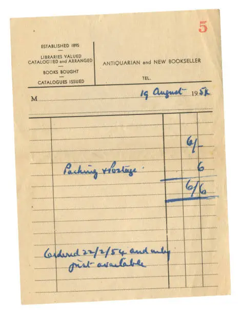 Bill dated 1954 from an Antiquarian and Bookseller’s shop, for an item costing six shillings with postage costing six pence - total six and sixpence (6/6). All identifying details have been removed.