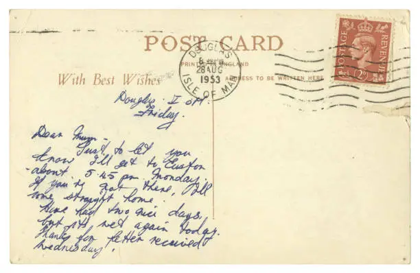 A handwritten postcard to “Mum” from a holidaymaker in Douglas, capital of the Isle of Man, dated 28 August 1953. The postage stamp portrays King George VI: however, he had died earlier that year and the monarch was Queen Elizabeth II. All identifying details removed.