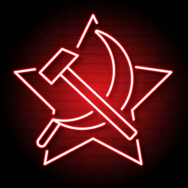 Vector illustration of The Neon Hammer And Sickle Symbol In Red Color. Soviet Union. Vector