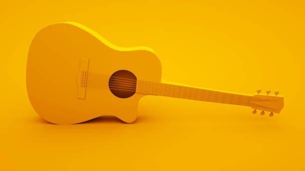 akustische gitarre auf gelbem hintergrund. minimal-ideen-konzept, 3d-illustration - guitar classical music classical style jazz stock-fotos und bilder