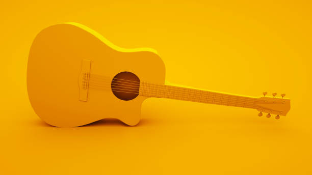 istock Acoustic guitar on yellow background. Minimal idea concept, 3d illustration 1199964827