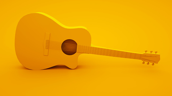 Acoustic guitar on yellow background. Minimal idea concept, 3d illustration.