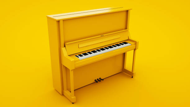 piano vertical clássico amarelo. conceito mínimo da idéia, ilustração 3d - musical theater musical instrument musician classical style - fotografias e filmes do acervo